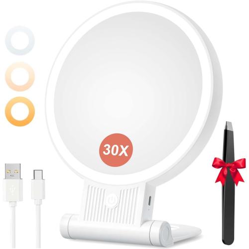 1X/30X Magnifying Mirror with Light, Double Sided Makeup Mirror with Adjustable Folding Handle, Lighted Vanity Mirror with Tweezer, Portable Tabletop Mirror for Travel Home