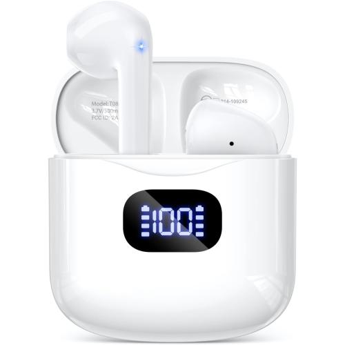 Wireless Earbuds Bluetooth 5.3 Headphones, 40Hrs Playback Stereo Ear Buds with LED Display Charging Case IPX7 Waterproof in-Ear Earphones with Mic for Phone Tablet Laptop Sports, White