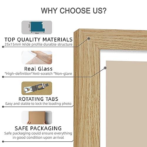 Hongkee 8x10 Picture Frame Set of 4, Made of Real Glass and Natural Oak Wooden Frame, 8 by 10 Photo for Wall or Tabletop - Display Picture 5x7 with Mat or 8x10 Without Mat
