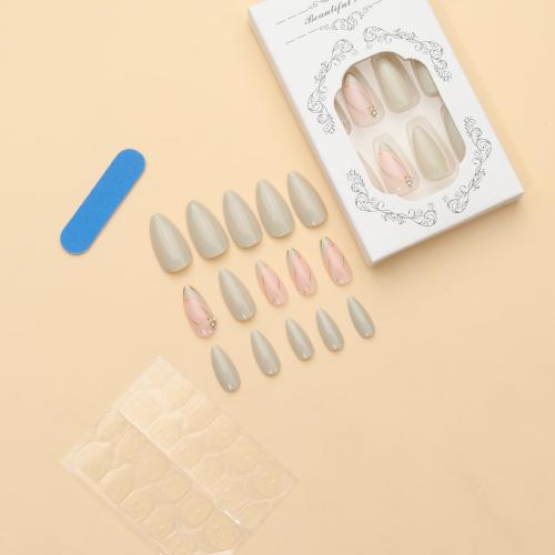 Almond Press on Nails Medium - Green Fake Nails with Gold Line Design - Full Cover Stick on False Nails for Women 24 Pcs