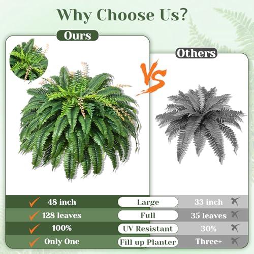MARTINE MALL 2Pcs 48''/128 Leaves Artificial Ferns for Outdoors Look Real Fake Ferns, Large Faux Boston Ferns for Outdoor Planter Realistic UV Resistant Artificial Fake Plants for Porch Patio Hanging