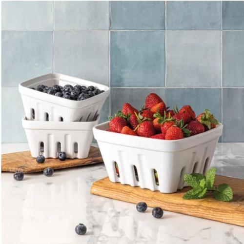 Over&Back 3-Piece Multipurpose Berry Baskets (White) - Stackable Stoneware Fruit Bowls with Integrated Colander Strainer Holes - Farmhouse Kitchen Decor, Reusable Produce Saver