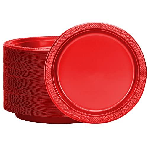 Hanna K. Signature Collection Red Plastic Plates, 9‑Inch Round, 50 Count – Disposable Heavy‑Duty Dinner Party Plates for Weddings, BBQs & Birthdays