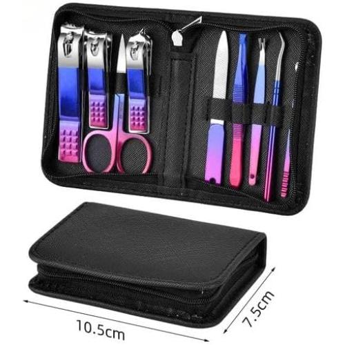 9 Pcs Nail Clippers Set Fingernail and Toenail Clipper Cutters Manicure Pedicure Kit Stainless Steel Professional Grooming Kits Nail Care Tools with Portable Travel Case,Dazzling Color