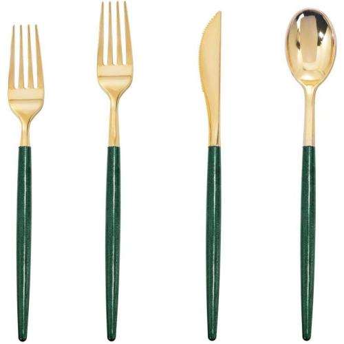 Supernal 180pcs Gold and Green Plastic Silverware Extra Heavy Duty Gold Plastic Cutlery with Green Glitter Handle Disposable Flatware for Parties, Weddings, and Outdoor Events