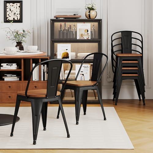 Alunaune 18inch Metal Dining Chair Set of 4 High Back Classic Chic Iron Farmhouse Chairs Industrial Stackable Coffee Stools Bistro Cafe Side Barstools Wood Seat-Black