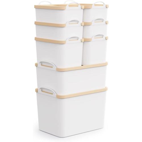 8 Packs Plastic Storage Bins with Lids Storage Organizing Containers Decorative Storage Boxes with Lids for Shelves Closet Desktop Playroom Classroom Office Drawers,White