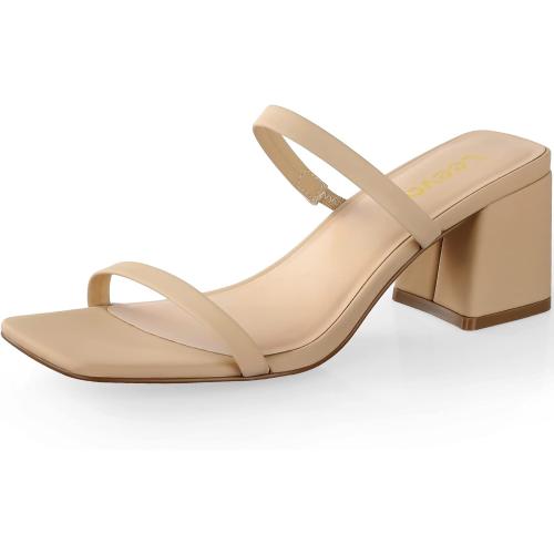 Size 8....Leevar Square Toe Heeled Sandals for Women - Women's Low Block Heels Sandals - 2.25IN Open Toe Ankle Strap Chunky Heels - Slip on Heeled Sandal Mule- Nude Black Strappy Heels for Party Wedding Dress Shoes