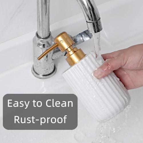 Chic Cylinder-Shaped Soap Dispenser, Vertical Stripe Design with Gold Pump, Ceramic Lotion Dispenser(Yellow)