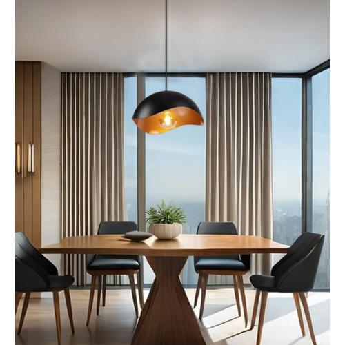 Black 11 Modern Wave Pendant Light, 11 Black and Gold Dome Shade, LED Ceiling Light Fixture with Globe Bulb, Contemporary Hanging Light for Kitchen, Dining Room, Bedroom