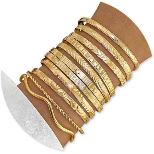 KISS WIFE Gold Open Cuff Bracelet Set for Women, Stackable Adjustable Bangle Set, Gold Tone Chunky Minimalist Layered Bracelets for Daily Wear Party Gift