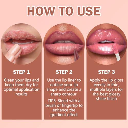 Lip Liner & Gloss Lipstick Combo - 2 in 1 Dual-Ended Lip Combo Set, Nude Brown Velvet Matte Lip Liner & Buildable Light Brown Glowy Lip Gloss Kit for Women, Long Wear Shiny Plumping Finish, 06