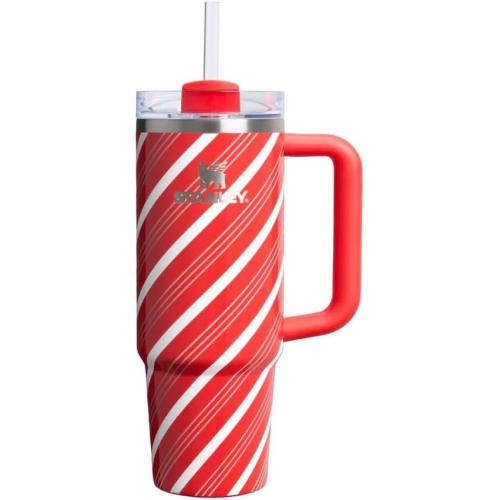 STANLEY Insulated Travel Mug, Red and White Candy Cane Stripe Pattern, Stainless Steel Tumbler with Handle and Straw, Vacuum Sealed Cup, 30 Oz