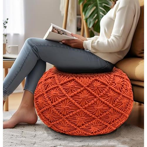 Orange 20x14 COTTON CRAFT Macrame Braided Pouf - Knitted Cotton Cord Comfortable Round Dori Pouf - Prefilled Ottoman Footrest Bean Bag - Stuffed Boho Moroccan Accent Seating - Nursery Bedroom Dorm - 20x14 - Orange