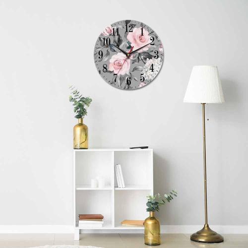 Mxocom Pink Flowers and Leaves Wall Clock Artistic Watercolor Rose Flower Grey Spring 10 Inch Silent Non Ticking Battery Operated Clock Vintage Round Clock for Living Room Bedroom Bathroom Decor