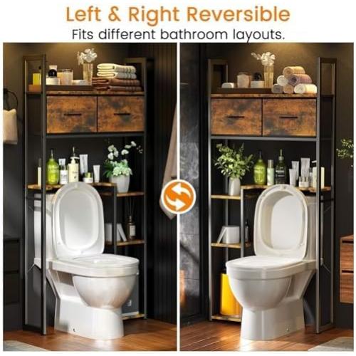 Luxspire Bathroom Over Toilet Storage, 5-Tier Over The Toilet Shelf with 2 Drawers & Adjustable Shelves, Freestanding Space Saver Above Toilet Storage for Bathroom, Brown   Black