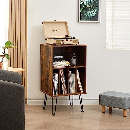 BROWN Record Player Stand with Vinyl Storage, Vinyl Record Storage Cabinet Holds Up to 150 Albums, End Table for Record Player, Turntable Stand with Record Storage for Living Room