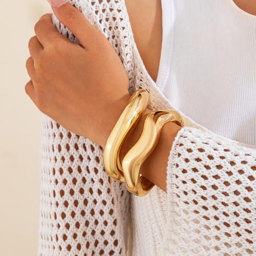 Salircon Gold Bangle Bracelets for Women Gold Wide Chunky Bracelets Trendy Hinged Cuff Open Chunky Bracelet Irregular Jewelry