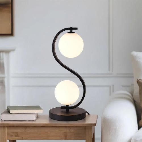 Modern Black S-Shaped Table Lamp 2-Lights Globe Glass Desk Lamp Plug in Metal 3 Color Temperatures Bedside Light Fixtures for Bedroom Living Room Office Study Corner