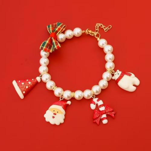 Christmas Charm Pearl Pet Collar, Holiday Themed Jewelry with Festive Charms, White Pearl Beaded Stretch Collar Decorations (XS, Christmas Man)