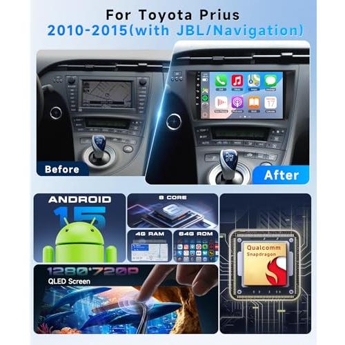 Qualcomm Octa-Core 4G 64G Car Radio Stereo for Toyota Prius 2010-2015(with JBL), Upriding 9-Inch 1280P QLED Touchscreen Radio with Wireless Carplay Android Auto DSP BT5.1 GPS 5GWifi SWC Backup Camera