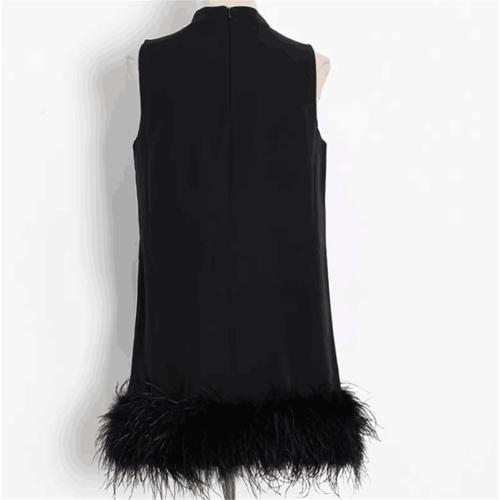 Size M PY-05 Women's Fluffy Ostrich Feather Hem Short Mini Dress Summer Sleeveless Turtleneck Loose fit Dresses