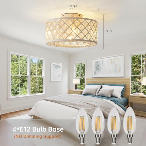 18 Inch Caged Ceiling Fans with Lights, Low Profile Ceiling Fan and Remote/APP Control Fandelier Crystal Fan Light for Bedroom Living Room Dining Room Kitchen Indoor, Including Bulb (Rustic White)