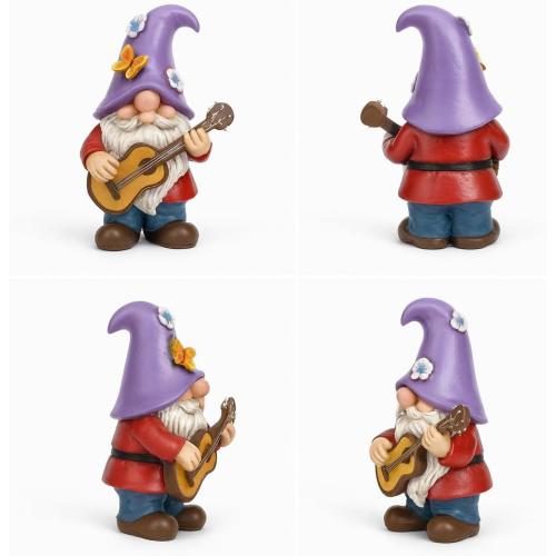 Musical Gnome Figurine with Guitar – Handcrafted Resin Garden or Shelf Decoration, 6.2 Tall Whimsical Gnome Statue with Purple Hat, Flowers & Butterfly, Gift for Music Lovers (Purple)
