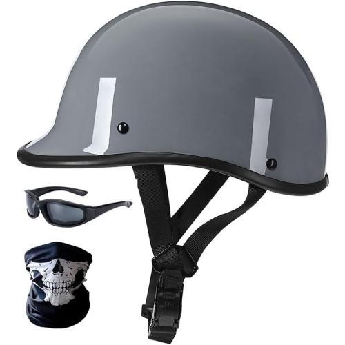 German Style Motorcycle Half Helmet with Mask Goggles, DOT Approved Ultra-Thin Comfortable Novelty Beanie Skull Cap Small Helmet with Quick Buckle, Summer Open Face Helmet for Men Women