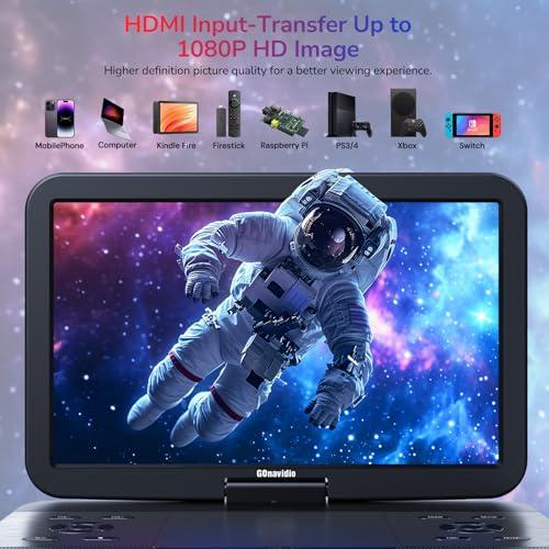 GOnavidio 17.6 Portable Blu Ray DVD Player with 15.4 Large Screen, HDMI in/Out, Sync Screen, 4000mAh Rechargeable Battery, 1080P MP4 MKV Video, Surround Audio, USB/TF Card(Include HDMI Cable)