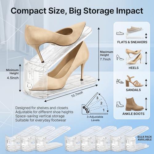 14 Pack Shoe Slot Organizer Space Saver, Adjustable 3-Height Levels Shoe Stacker for Closet Storage, Double-Layer Shoe Slots Rack Holder for Sneakers, Heels & Flats