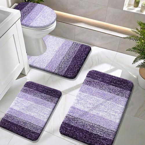 OLANLY Bathroom Rugs Sets 4 piece, Soft Microfiber Absorbent Bath Mat | Violet, U-Shaped Contour Toilet Mat and Toilet Lid Cover, Quick Dry, Machine Washable, Toilet Cover and Rug Set for Bathroom