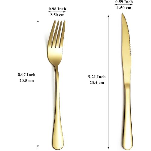 Evanda Gold Steak Knives Set 12 Piece, Gold Titanium Plating Stainless Steel 6 Dinner Forks and 6 Dinner Knives Set, Steak Knives Steak Forks, Dishwasher Safe