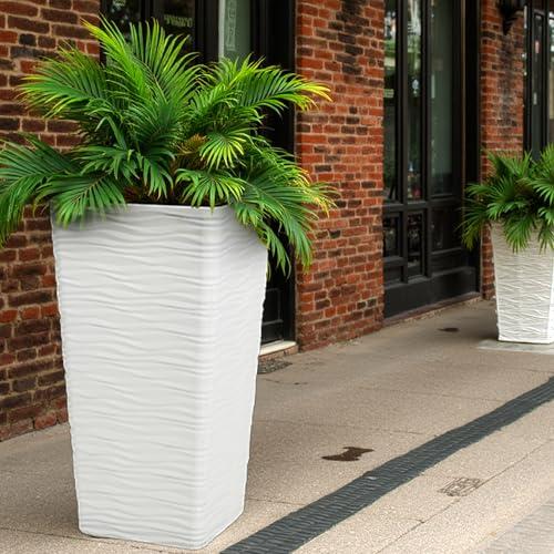 Worth Garden 22 Tall Planters Set of 2 - Plastic White Square Plant Pots - Modern Big Tapered Matte Wavy Tree Flower Pot for Indoor Outdoor Porch Deck