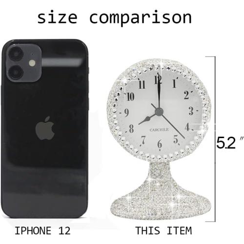 Luxury Rhinestone Small Alarm Desk Table Clock Morning Call Handmade Fashion Design for Bedroom Houseroom Living Room Cute As Gift AR (Silver)