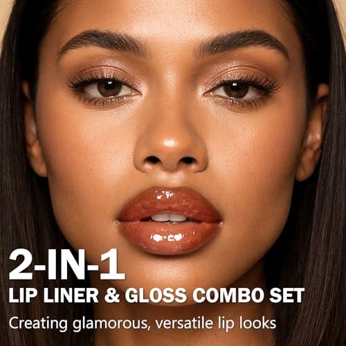 Lip Liner & Gloss Lipstick Combo - 2 in 1 Dual-Ended Lip Combo Set, Nude Brown Velvet Matte Lip Liner & Buildable Light Brown Glowy Lip Gloss Kit for Women, Long Wear Shiny Plumping Finish, 06