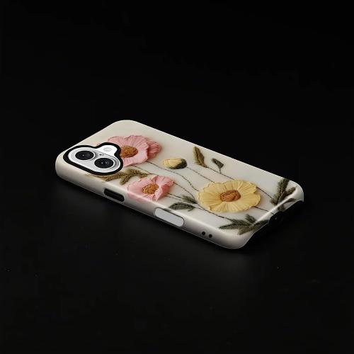 Case for iPhone 16 Case,Faux Embroidery Boho Floral Design - Hybrid Dual Protection Silicone   Hard PC Shockproof Full Body Cover Slim Anti-Scratch Protective Case for Men Women
