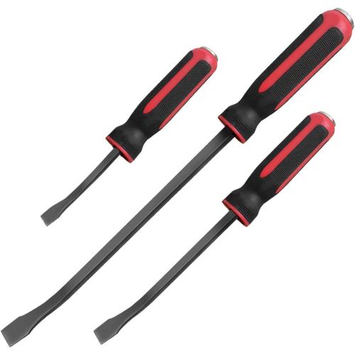 Black and Red ROTATION Pry Bar Set, Strike Cap Handle, Angled Tip, Rust proof finish, Machanic Tools for prying, scraping, lifting, pulling | 3pcs Hand Tools Set