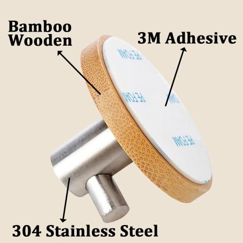 Adhesive Wall Hooks, Bamboo Wood Coat Hook for Hanging Towel Hangers for Bathroom Key Hat Hooks 4-Pack (Wood Silver)
