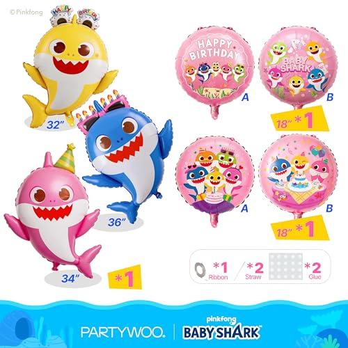 PartyWoo Baby Shark Pink Round Mylar Helium Boys Girls Foil Balloons 5pcs