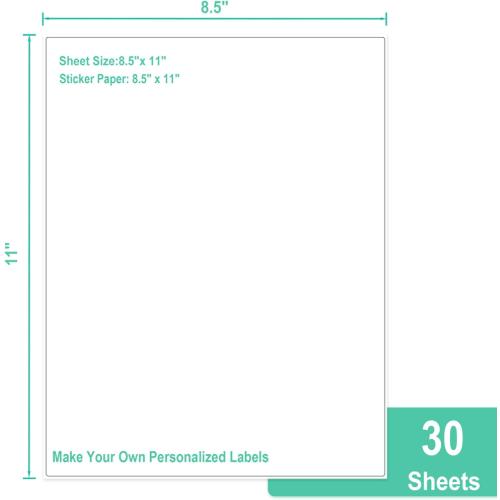L LIKED 30 Printable White Sticker Paper Full Sheet Label, Matte, 8.5 x 11 for Laser & Inkjet Printing (30 Sheets)
