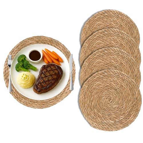 13 in Round Woven Placemats Plate Chargers Set of 4, Boho Farmhouse Rustic Woven Place Mats for Dining Table Decor, Rattan Wicker Table Mats Indoor Fall Chargers for Dinner Plates