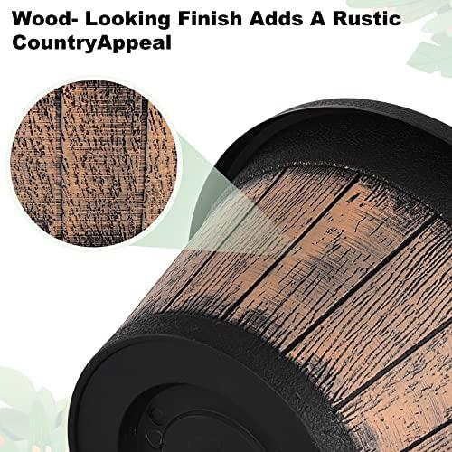 Quarut Plant Pots Set of 3 Pack 9 inch,Whiskey Barrel Planters with Drainage Holes & Saucer.Plastic Decor Flower Pots Imitation Wine Barrel Design,for Indoor & Outdoor Garden Home Plants (Brown)