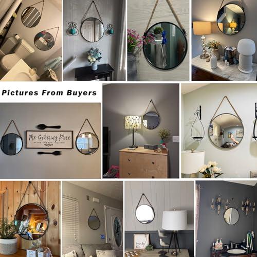 POZINO Round Mirror, 24 Inch Hanging Mirror with Rope, Circle Wall Mirrors, Black Frame Farmhouse Mirrors for Bathroom Bedroom Living Room Entryway Home Decor