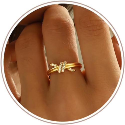 C-leen Gold Rings for Women Non Tarnish, Diamond Twist Love Knot Ring Dainty 18k Real Gold Plated Cubic Zirconiz Knuckle Pinky Thumb Rings Gold Jewelry for Women Gift Size 6-10