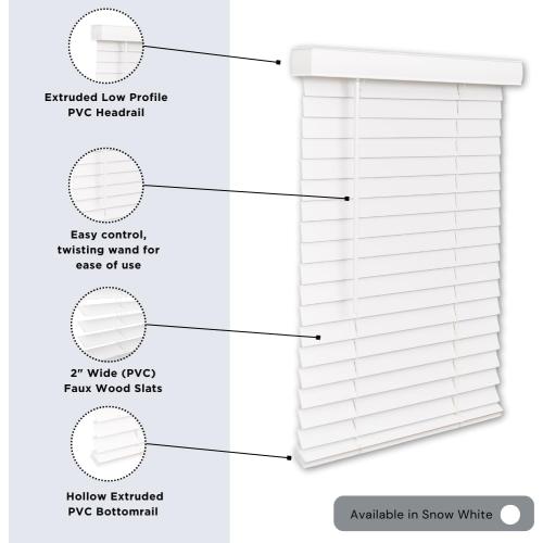 LOTUS & WINDOWARE Cordless Faux Wood Blinds, 39 Wide x 60 Long, Smooth, Snow White, 2 Inch Horizontal Blinds – for Living Room, Bedroom, Interior Door Windows