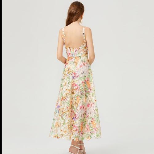 Size M Womens French Vintage Stereoscopic Floral Lace Dress V Neck Sleeveless Hollow Out Embroidery Midi Dresses