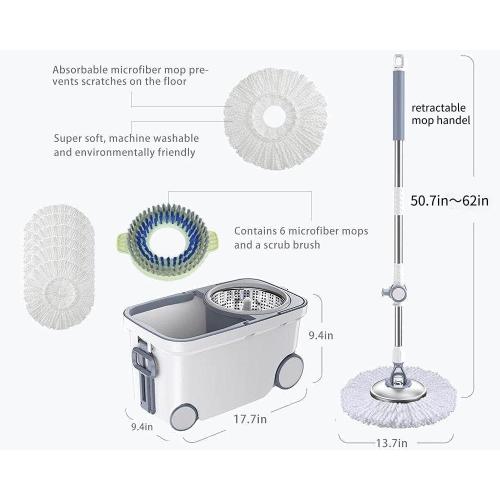 Michao Spin Mop Bucket Deluxe 360 Spinning Floor Cleaning System with 6 Microfiber Replacement Head Refills,62 Extended Handle,4X Wheel for Home Cleaning