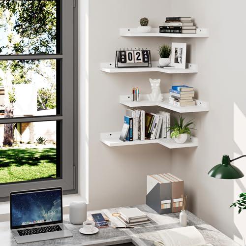 4-Tier Corner Floating Shelves, Rustic Pine L-Shaped Shelves for Creative Wall Storage in Bedroom, Bathroom & Any Room - White