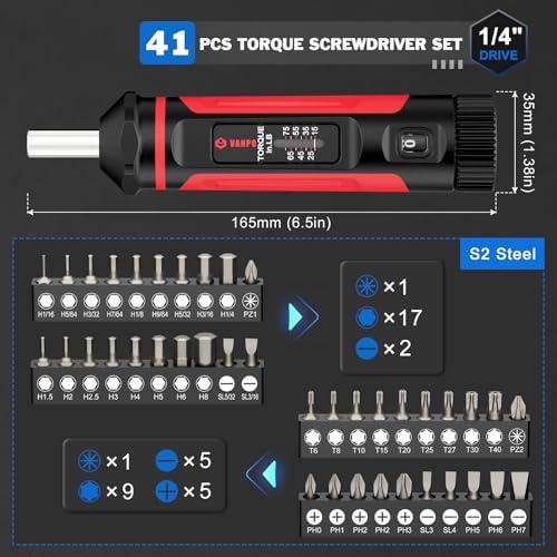 VANPO Torque Screwdriver 15-75 in-lb, 1/4 Drive Precision Driver Set